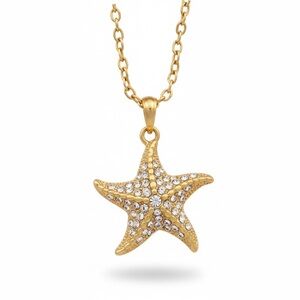 J Crew Gold tone Rhinestone Studded Star Fish Pendant Necklace 24" Long NWOT